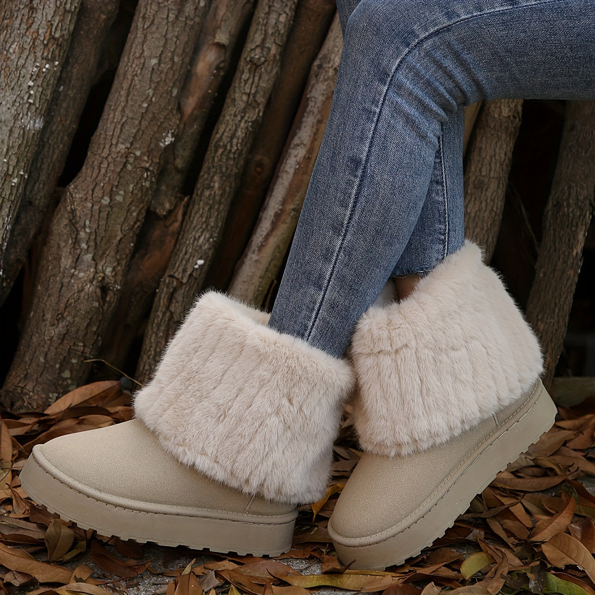 Bottines Femme Fausse Fourrure, Bout Rond – coloris beige