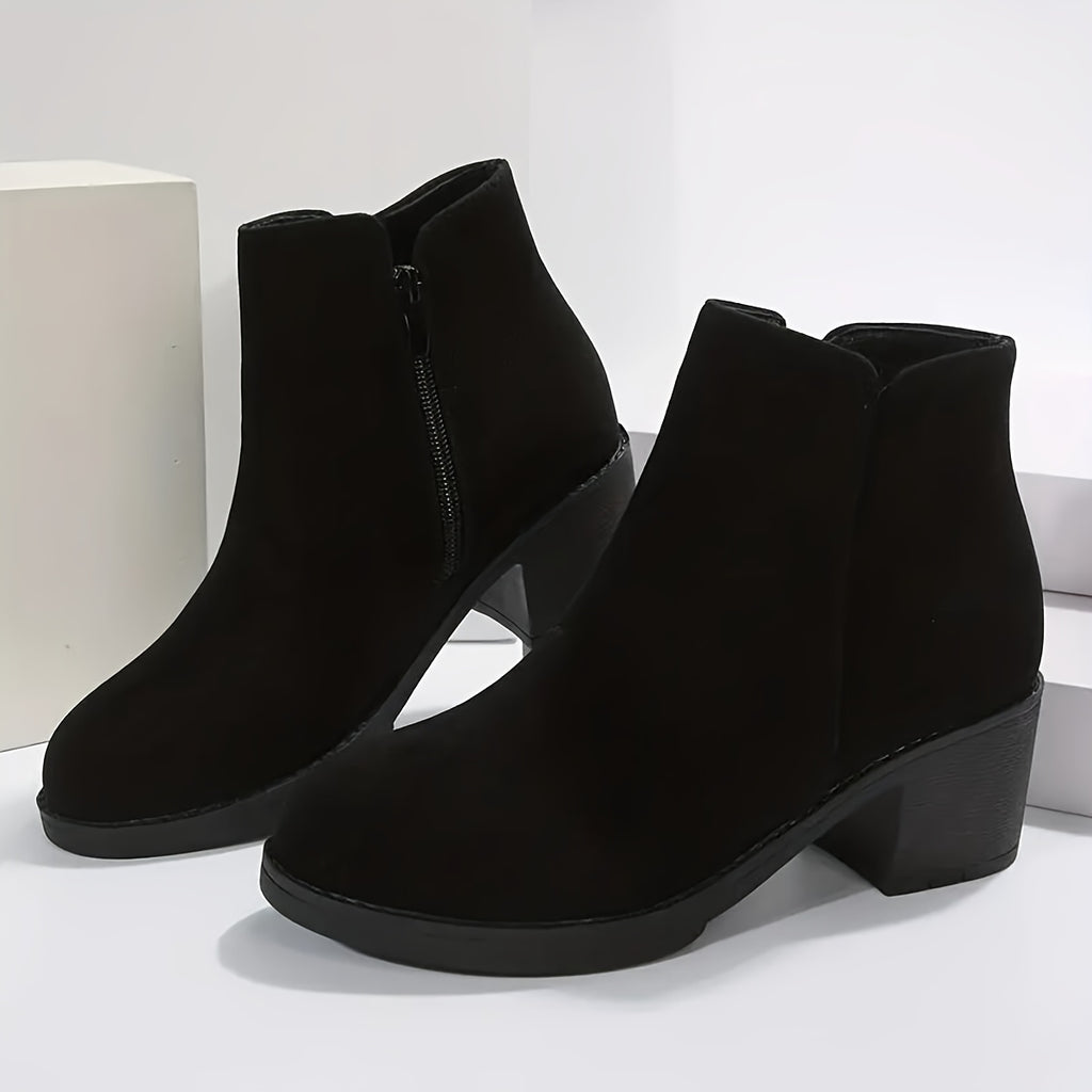 Bottines Femme Talon Bloc, Aspect Daim, Zip Latéral – coloris noir