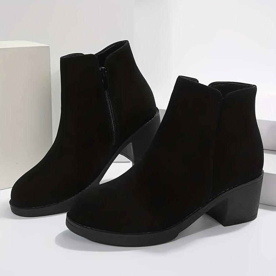 Bottines Femme Talon Bloc, Aspect Daim, Zip Latéral – coloris noir