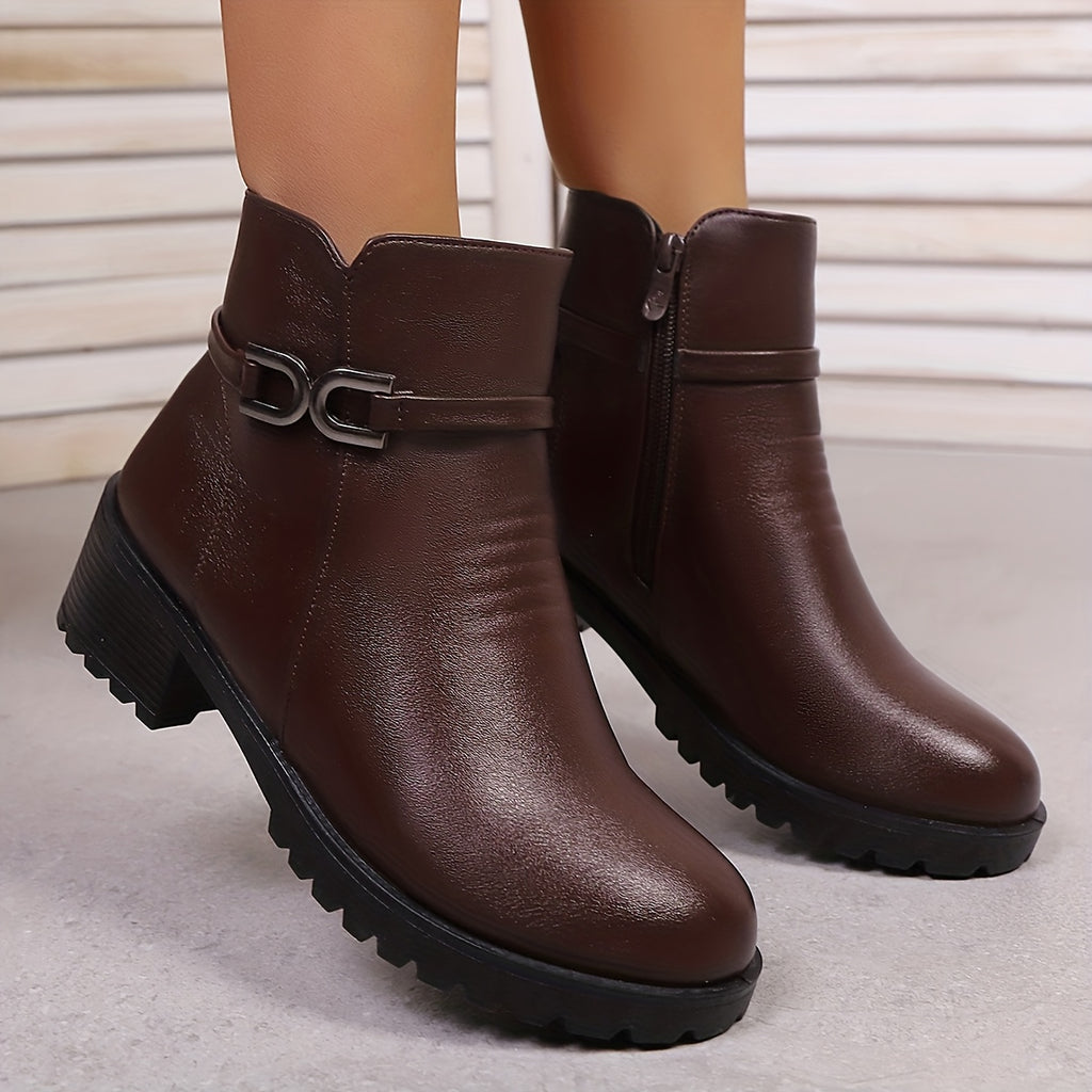 Bottines Femme Similicuir à Boucle, Talon Bloc, Zip – coloris brun
