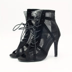 Bottines d'Été Femme Résille à Lacets, Bout Ouvert – coloris noir