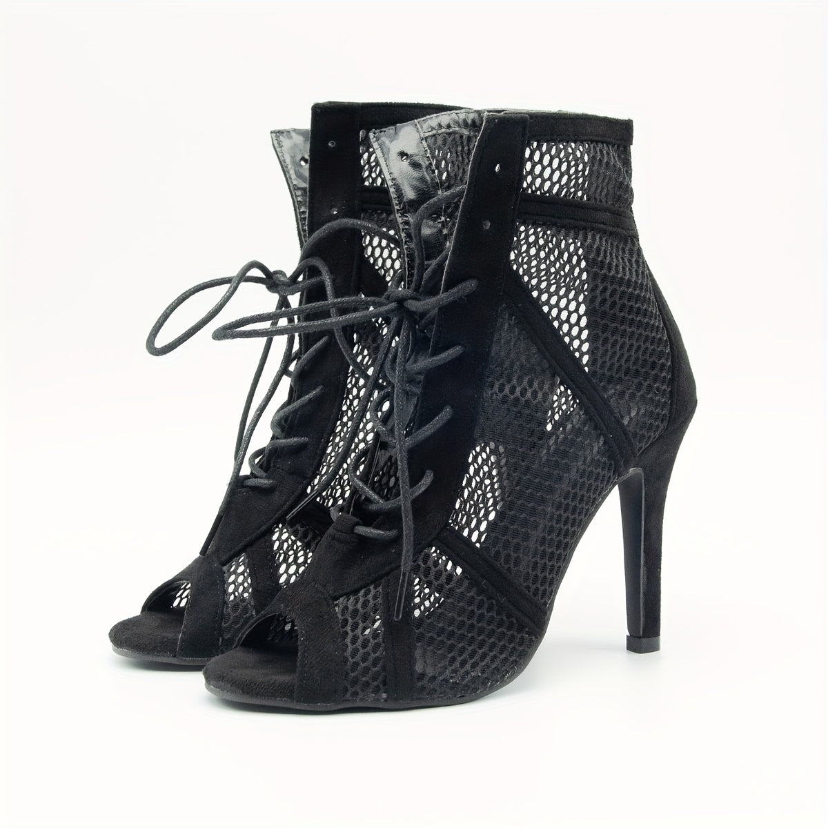 Bottines d'Été Femme Résille à Lacets, Bout Ouvert – coloris noir