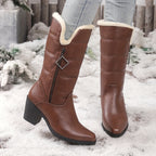 Bottes Mi-Hautes Femme Similicuir, Col Fourrure, Talon Bloc, vue 3