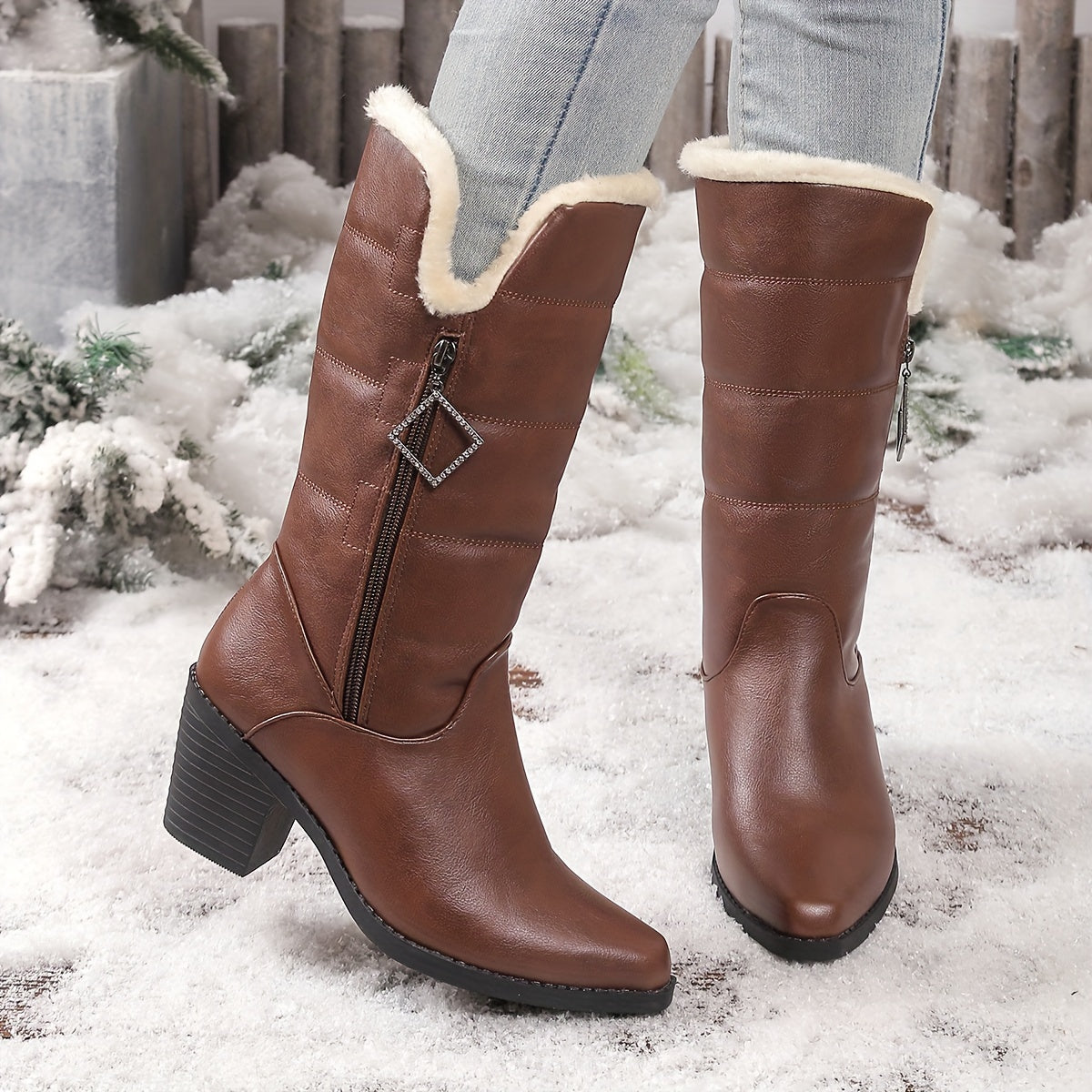 Bottes Mi-Hautes Femme Similicuir, Col Fourrure, Talon Bloc, vue 3