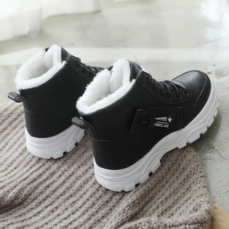 Bottes Plateforme Femme à Lacets, Col Fourrure – coloris noir