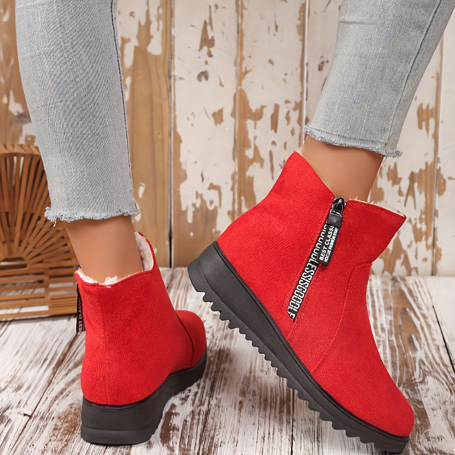 Bottes de Neige Femme Courtes, Aspect Daim, Doublure Peluche – coloris rouge