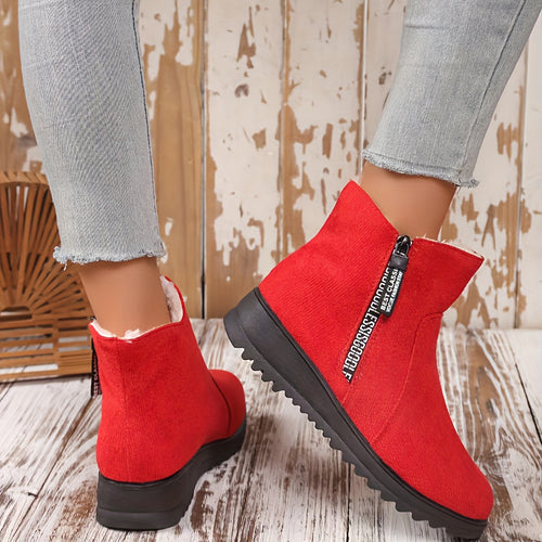 Bottes de Neige Femme Courtes, Aspect Daim, Doublure Peluche – coloris rouge