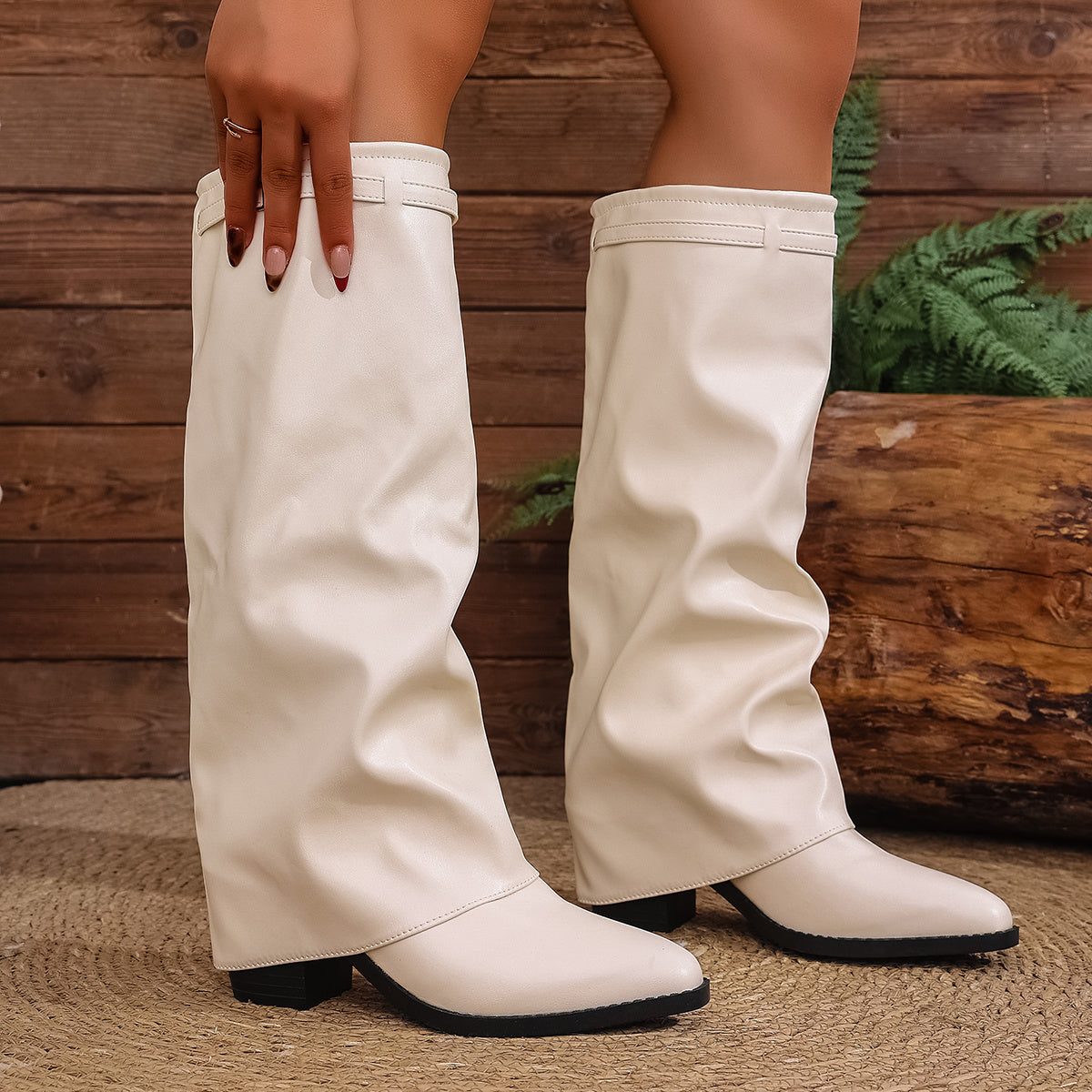 Bottes à Revers Femme Similicuir, Talon Bloc, vue 13