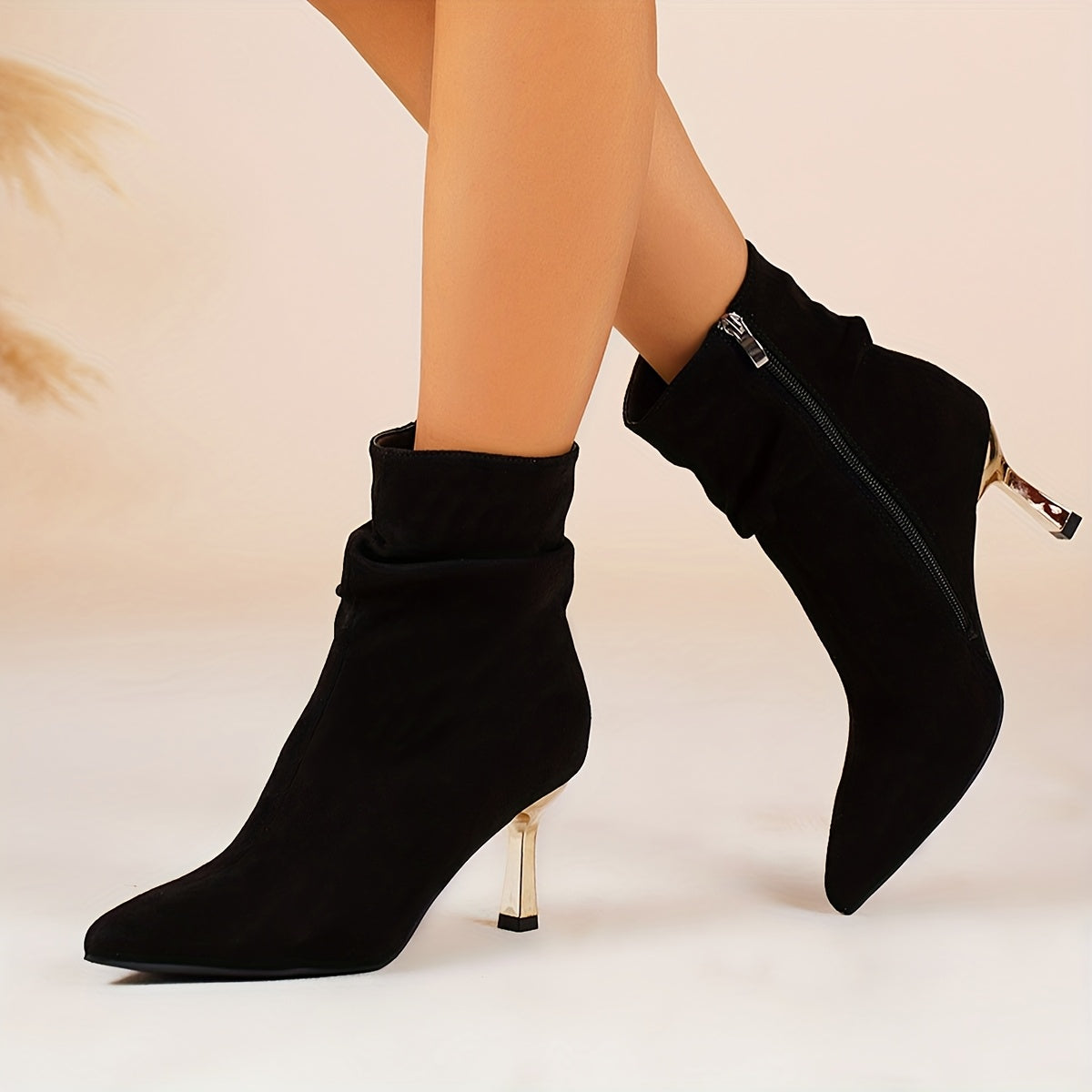 Bottines Femme Talon Fin Doré, Tige Froncée, Suédine, vue 17