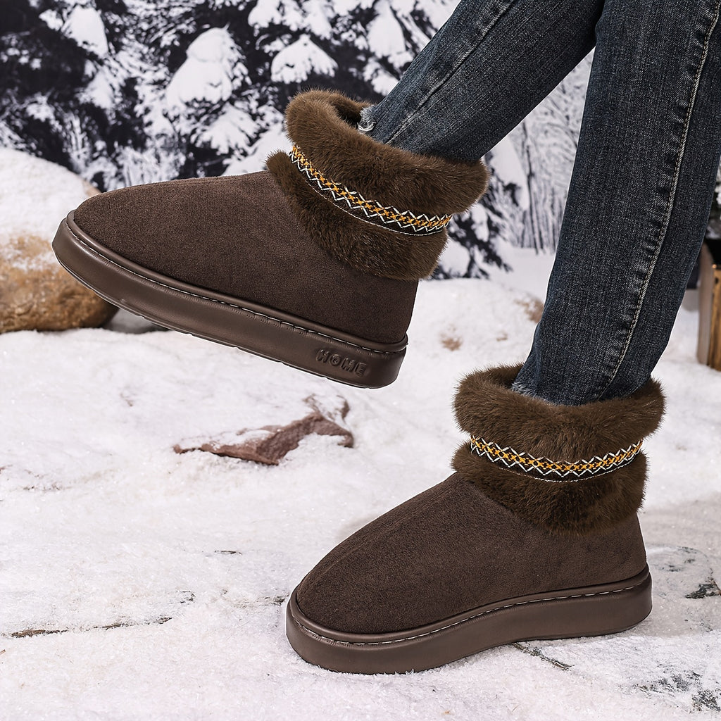 Bottes Fourrées Femme Courtes, Aspect Daim, Galon Brodé, vue 2