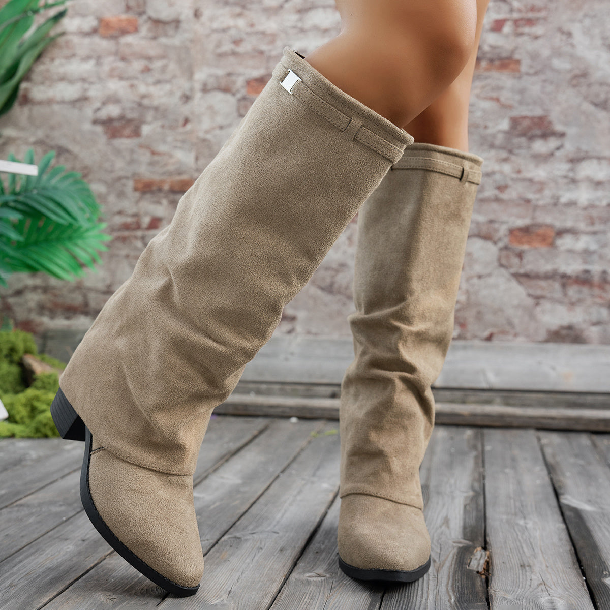 Bottes Hautes Femme à Revers, Aspect Daim, Bout Pointu, vue 9
