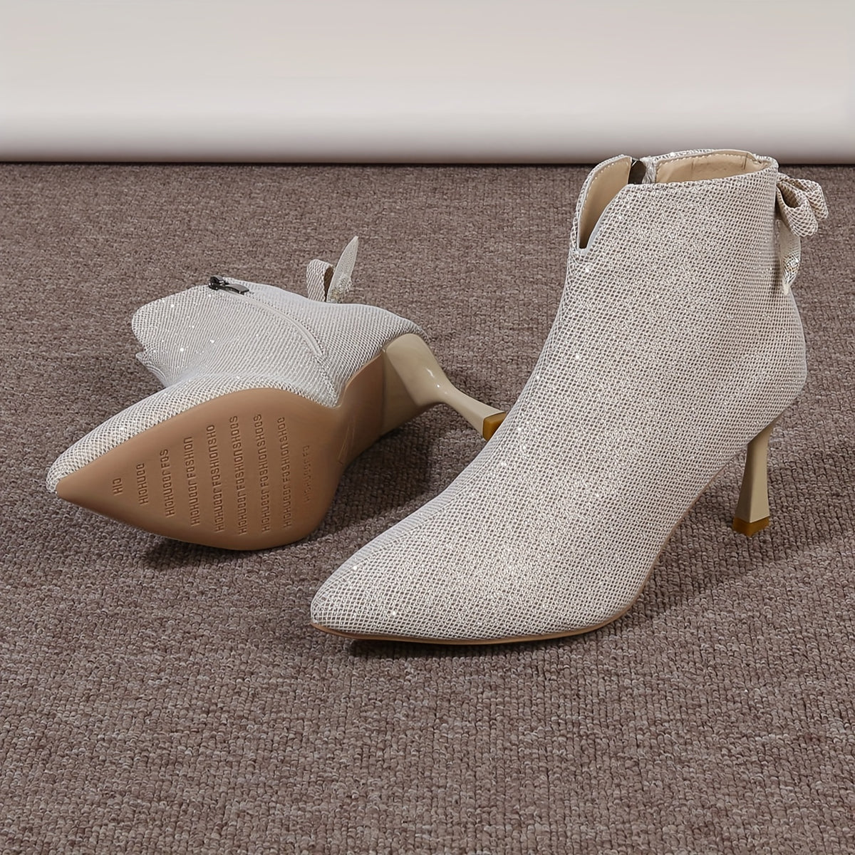 Bottines Pailletées Femme en Tissu, Talon Aiguille, Nœud, vue 2