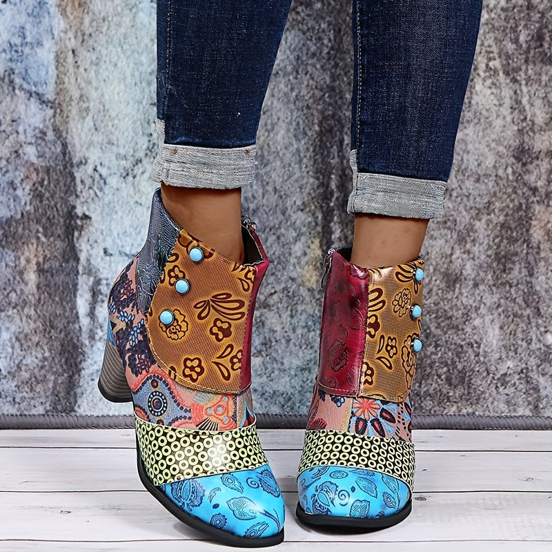 Bottines Femme Similicuir, Motif Fleuri