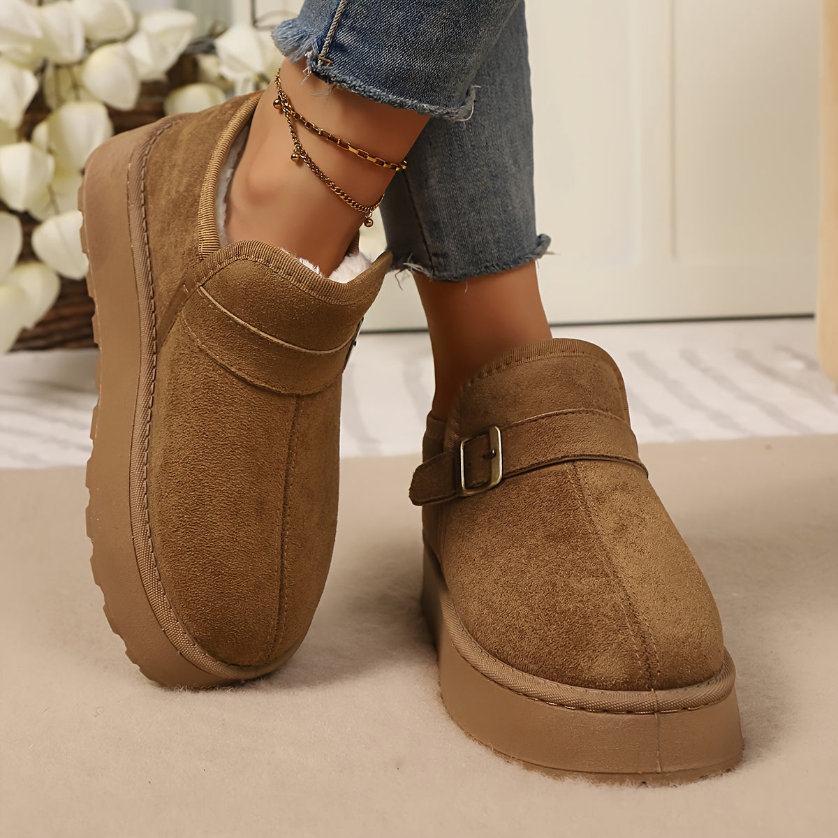 Bottines Plateforme Femme Aspect Daim, Sangle à Boucle – coloris camel