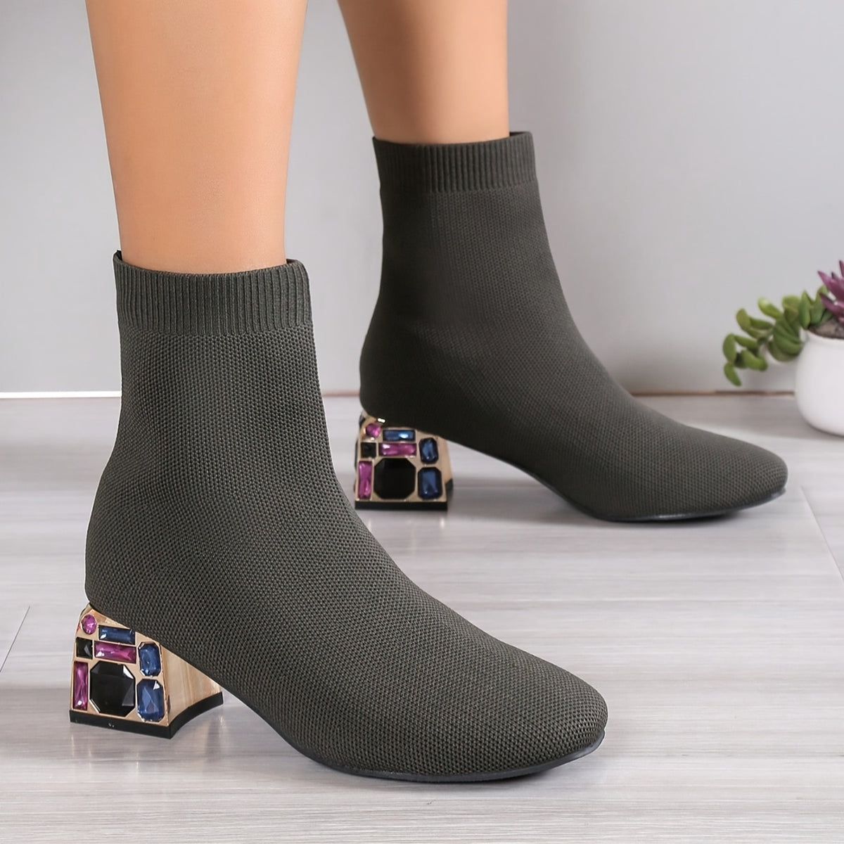 Bottes Chaussettes Femme en Maille, Talon Bloc Fantaisie, vue 4