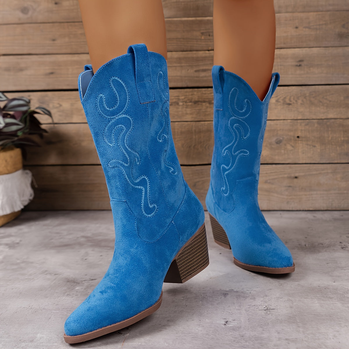Bottes Cowboy Femme Brodées, Bout Pointu – coloris bleu ciel