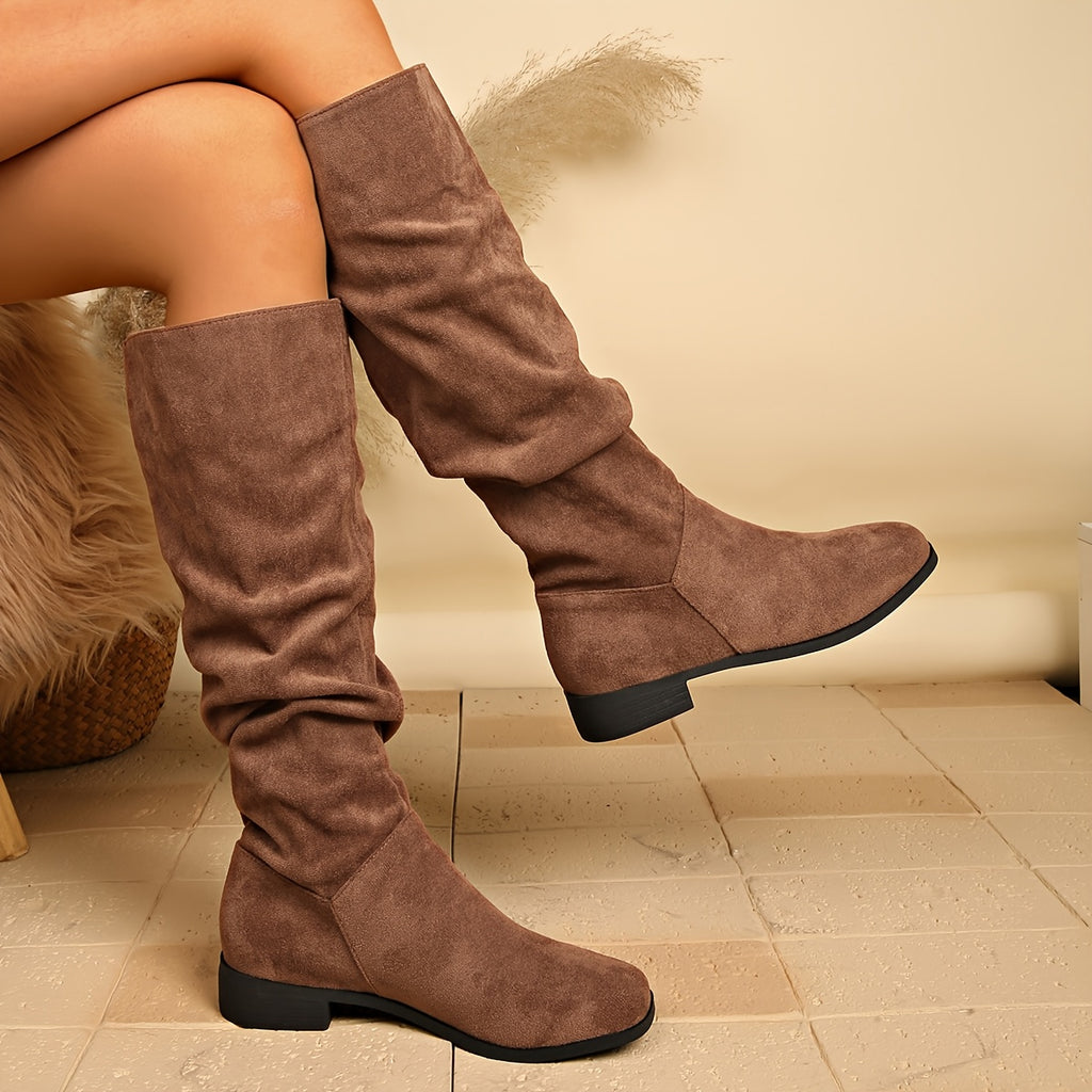 Bottes Plates Femme Hautes, Aspect Daim, Tige Froncée – coloris marron