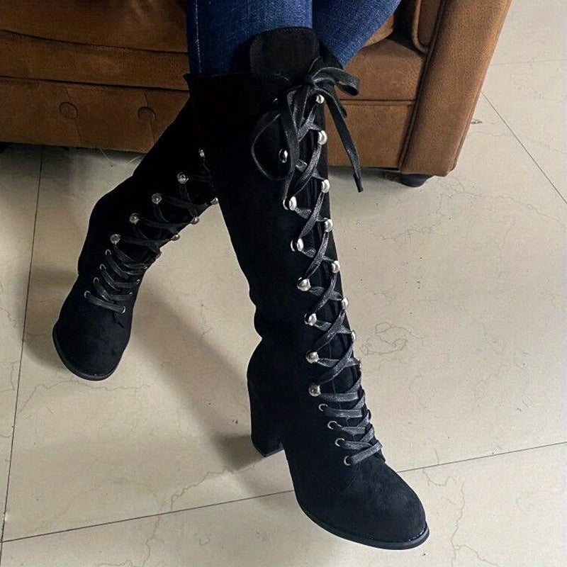 Bottes Hautes Femme à Lacets, Talon Bloc – coloris noir, vue 4