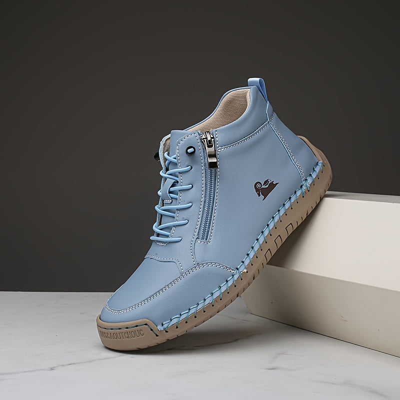 Bottines Plates Femme Similicuir, Lacets et Zip – coloris bleu ciel