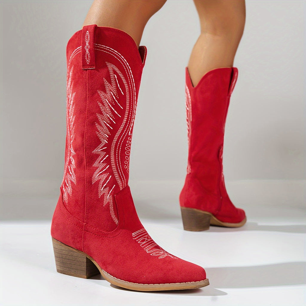 Bottes Cowboy Femme Brodées, Talon Bloc – coloris rouge, vue 3