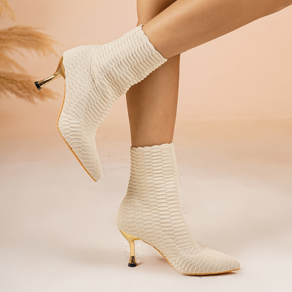 Bottes Chaussettes Femme Maille Texturée, Talon Doré, vue 15