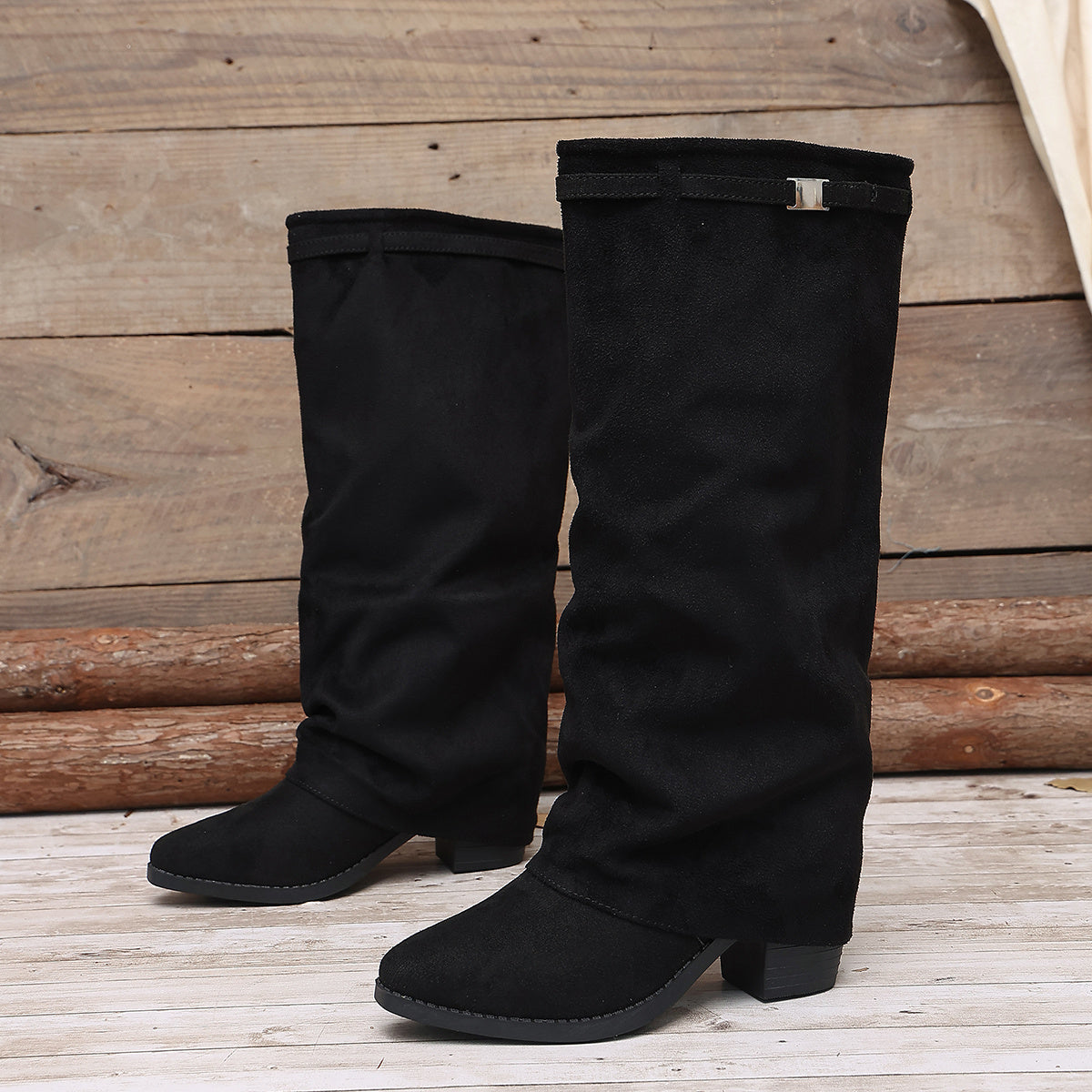 Bottes Hautes Femme à Revers, Aspect Daim, Talon Bloc, vue 3