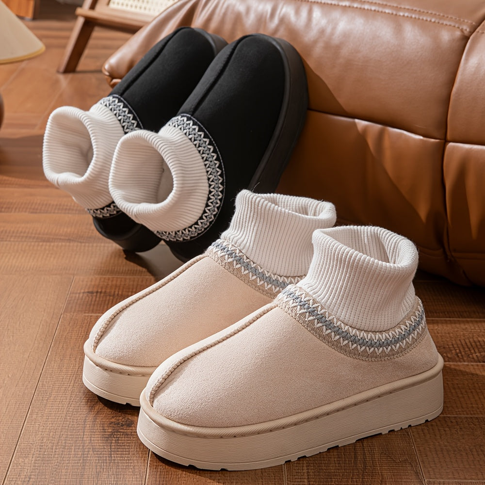 Chausson Botte Femme Aspect Daim, Col Maille, Plateforme, vue 3