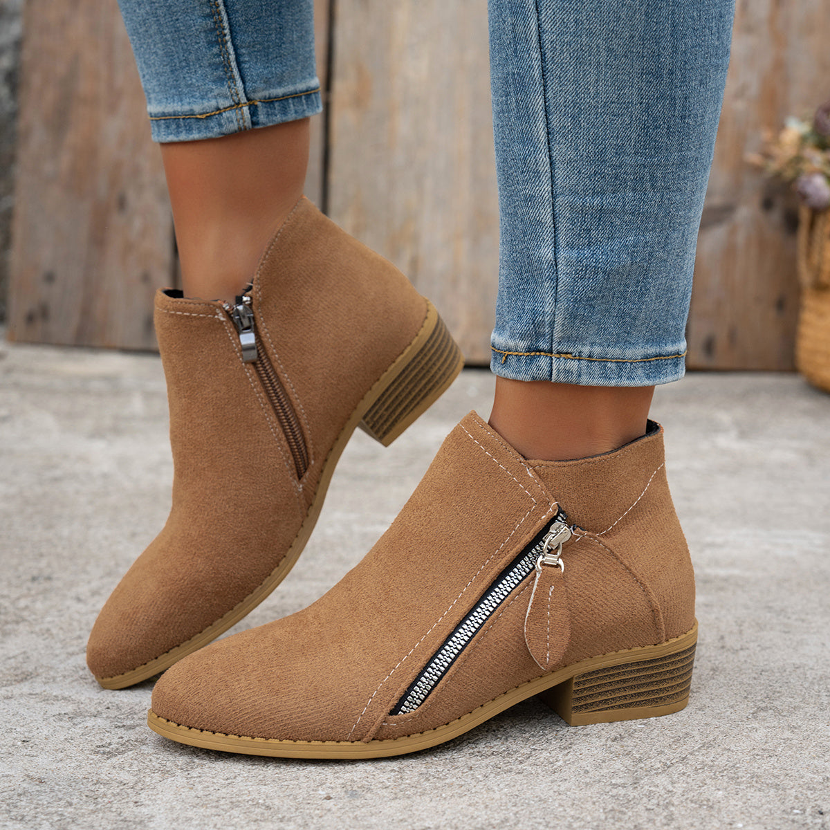 Bottines Femme Bout Pointu, Zip Décoratif – coloris marron foncé