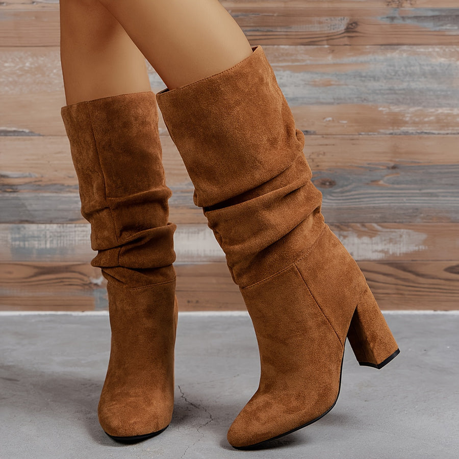 Bottes Mi-Mollet Femme Plissées, Aspect Daim, Talon Haut – coloris camel, vue 2