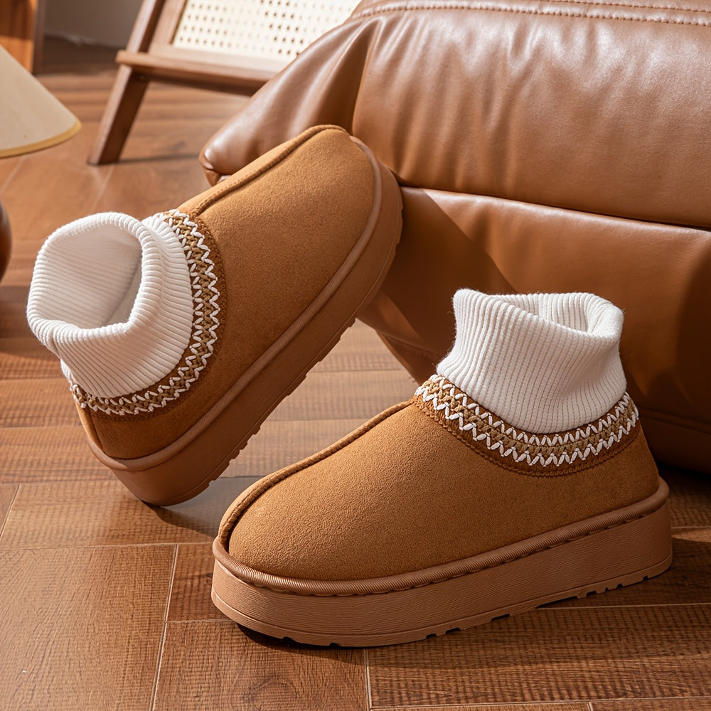 Chausson Botte Femme Aspect Daim, Col Maille, Plateforme – coloris camel