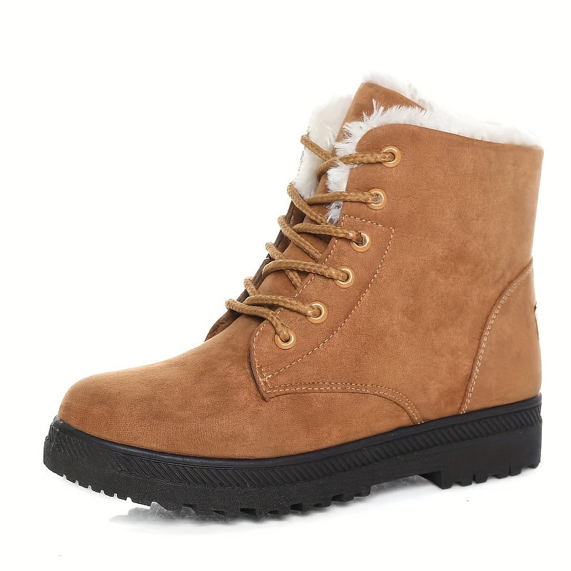 Bottes Fourrées Femme à Lacets, Aspect Daim, Col Peluche – coloris camel