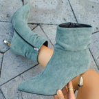 Bottines Femme Talon Fin Doré, Tige Froncée, Suédine – coloris bleu clair