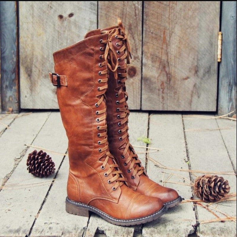 Bottes Hautes Femme à Lacets Similicuir, Sangle à Boucle – coloris marron