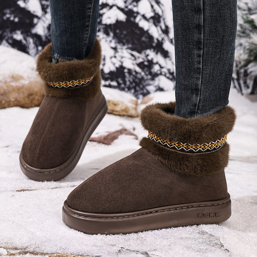 Bottes Fourrées Femme Courtes, Aspect Daim, Galon Brodé – coloris marron foncé