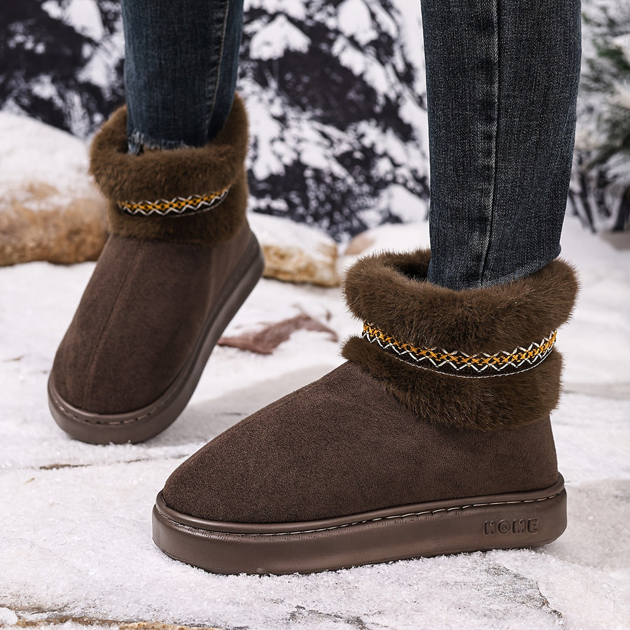 Bottes Fourrées Femme Courtes, Aspect Daim, Galon Brodé – coloris marron foncé