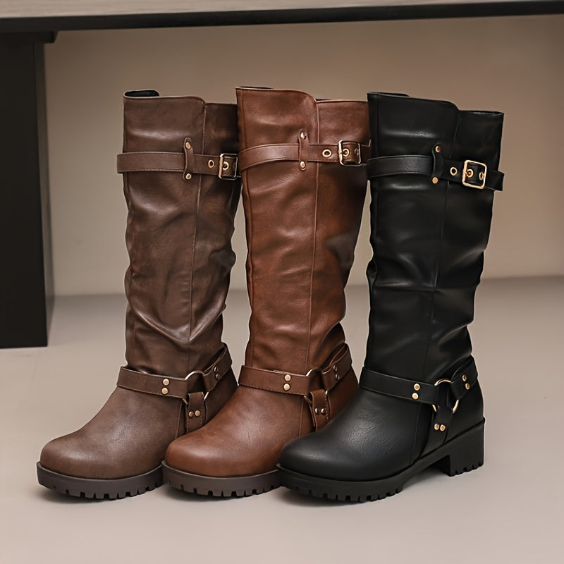 Bottes Motardes Femme Hautes, Similicuir Vieilli, Anneau, vue 10