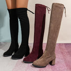 Bottes Cuissardes Femme Aspect Daim, Talon Bloc, Cordon, vue 6