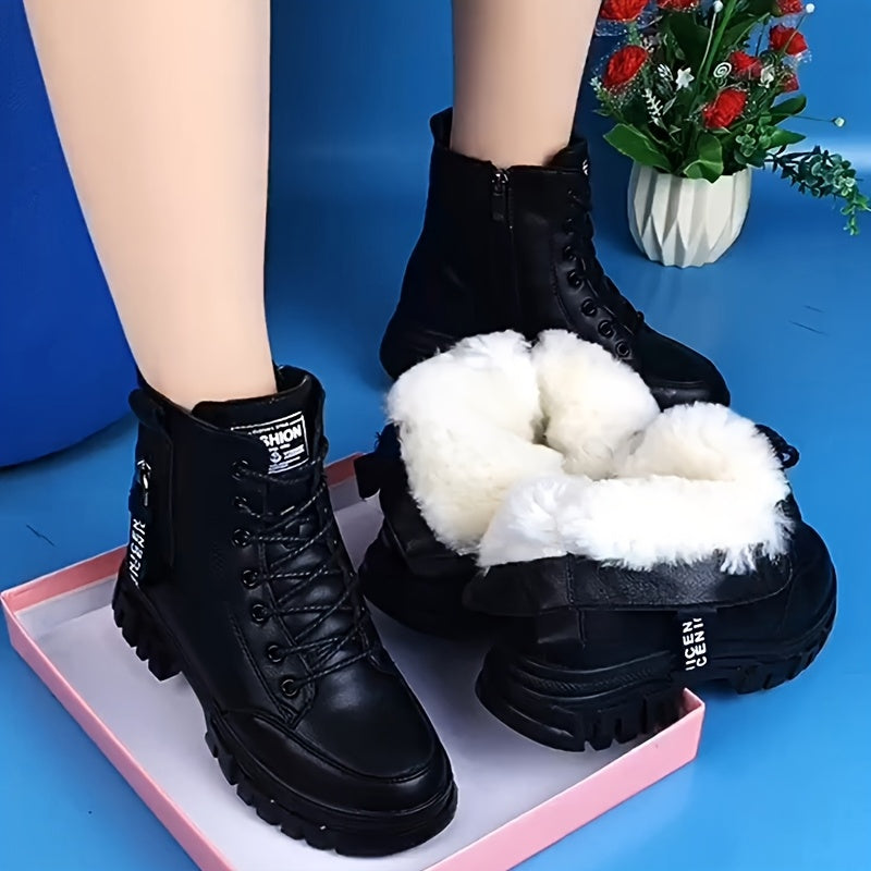 Bottines à Lacets Femme Fourrées, Similicuir Noir, Zip, vue 2