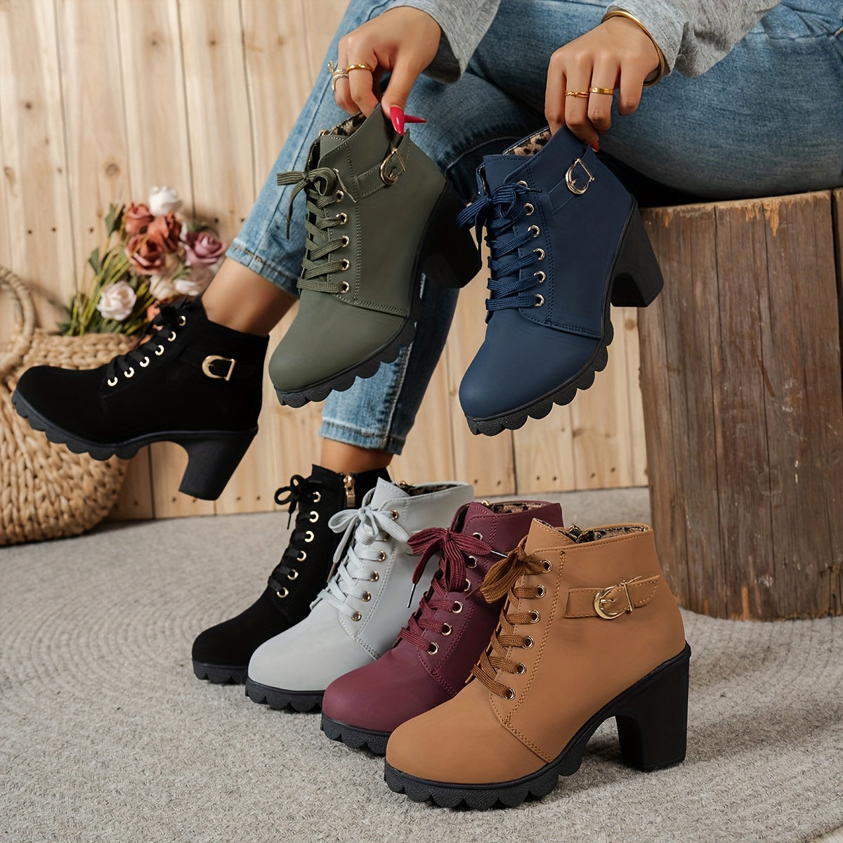 Bottines à Lacets Femme Similicuir, Talon Haut, Boucle, vue 15