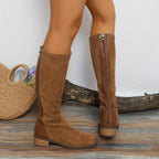 Bottes Hautes Femme Aspect Daim, Bout Carré, Zip Arrière