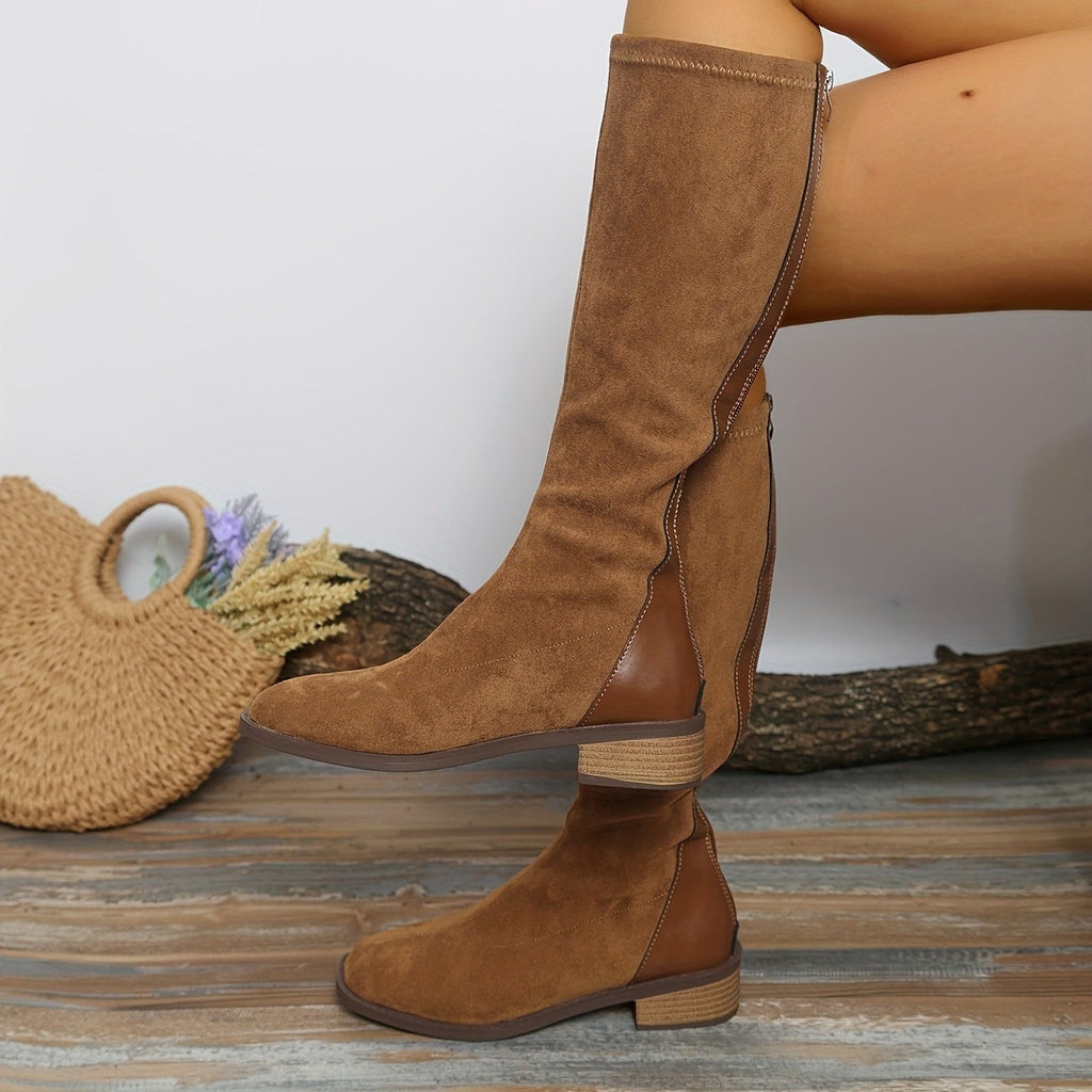 Bottes Hautes Femme Aspect Daim, Bout Carré, Zip Arrière