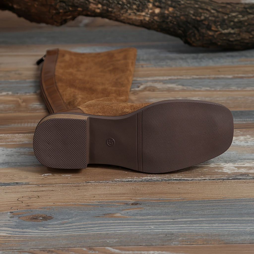 Bottes Hautes Femme Aspect Daim, Bout Carré, Zip Arrière