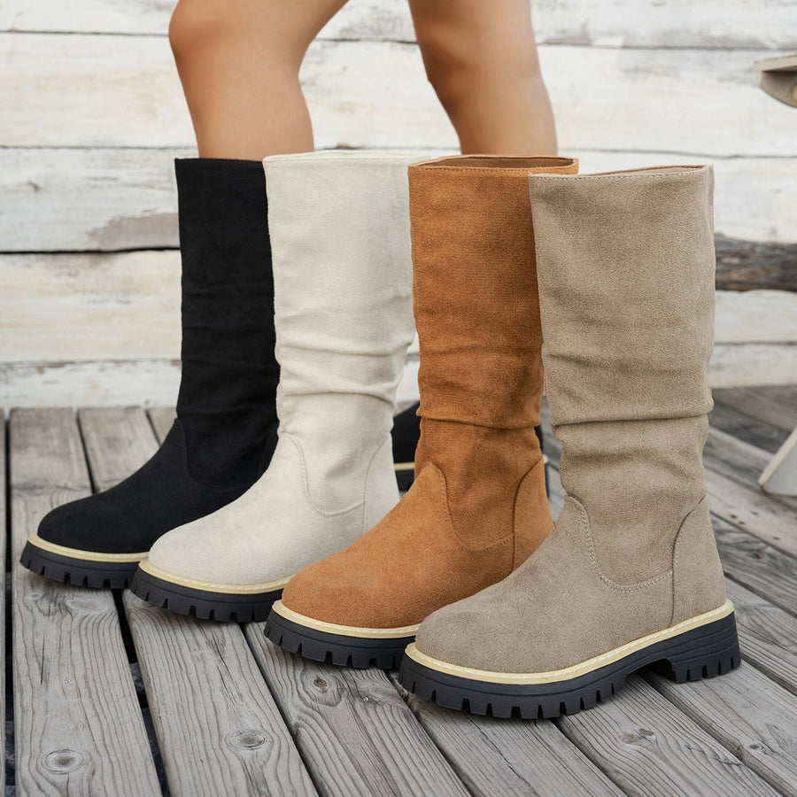 Bottes Plateforme Femme Mi-Mollet Tombantes, Aspect Daim
