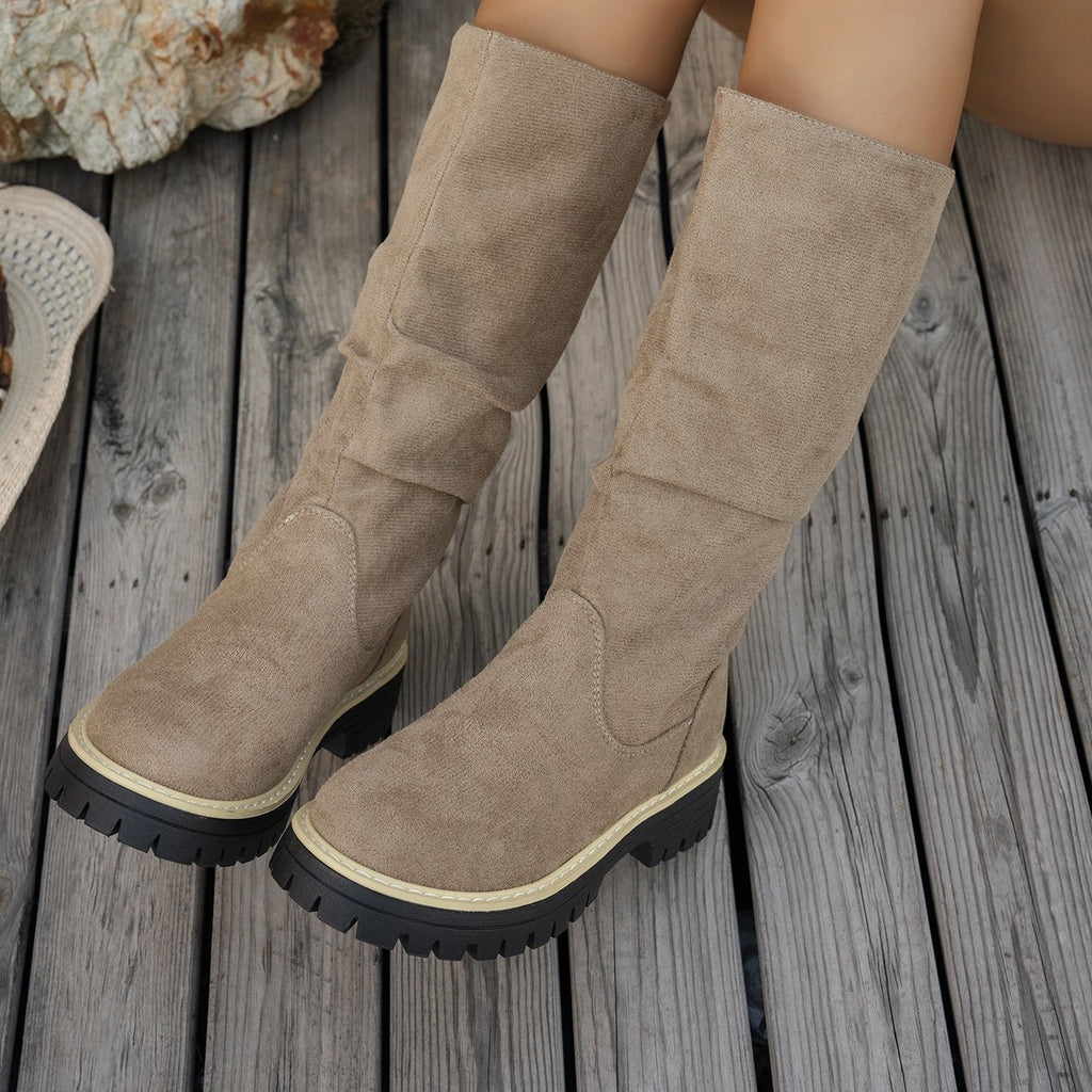 Bottes Plateforme Femme Mi-Mollet Tombantes, Aspect Daim
