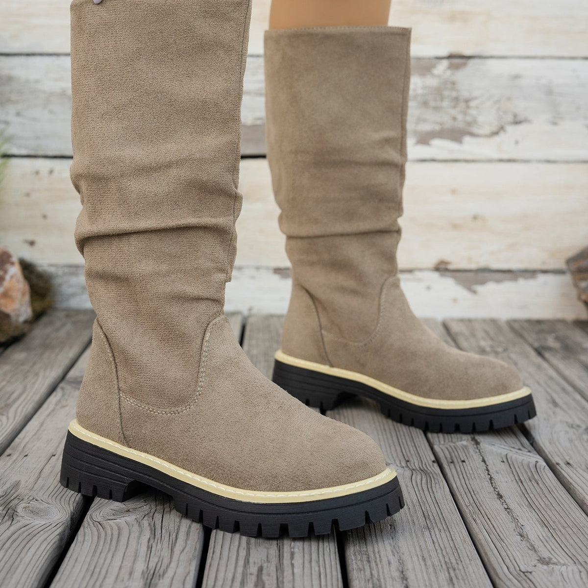 Bottes Plateforme Femme Mi-Mollet Tombantes, Aspect Daim