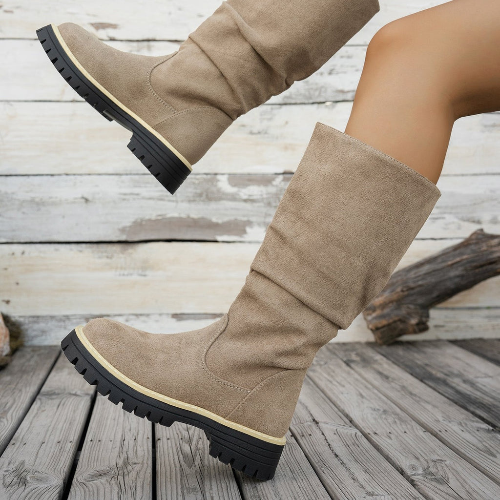 Bottes Plateforme Femme Mi-Mollet Tombantes, Aspect Daim