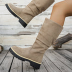 Bottes Plateforme Femme Mi-Mollet Tombantes, Aspect Daim