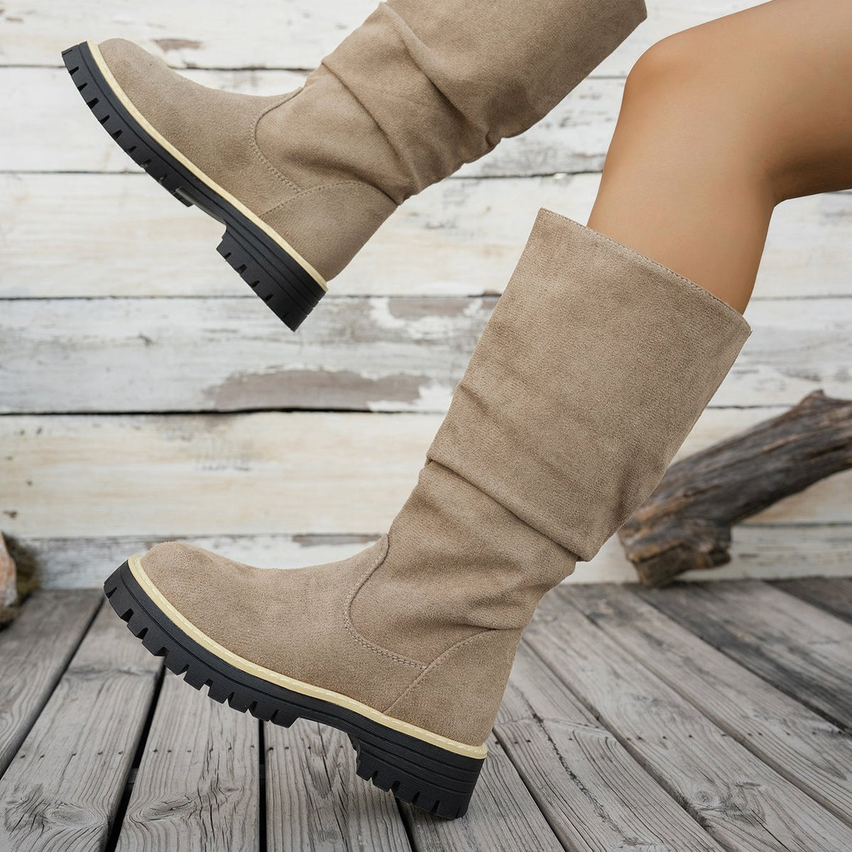 Bottes Plateforme Femme Mi-Mollet Tombantes, Aspect Daim