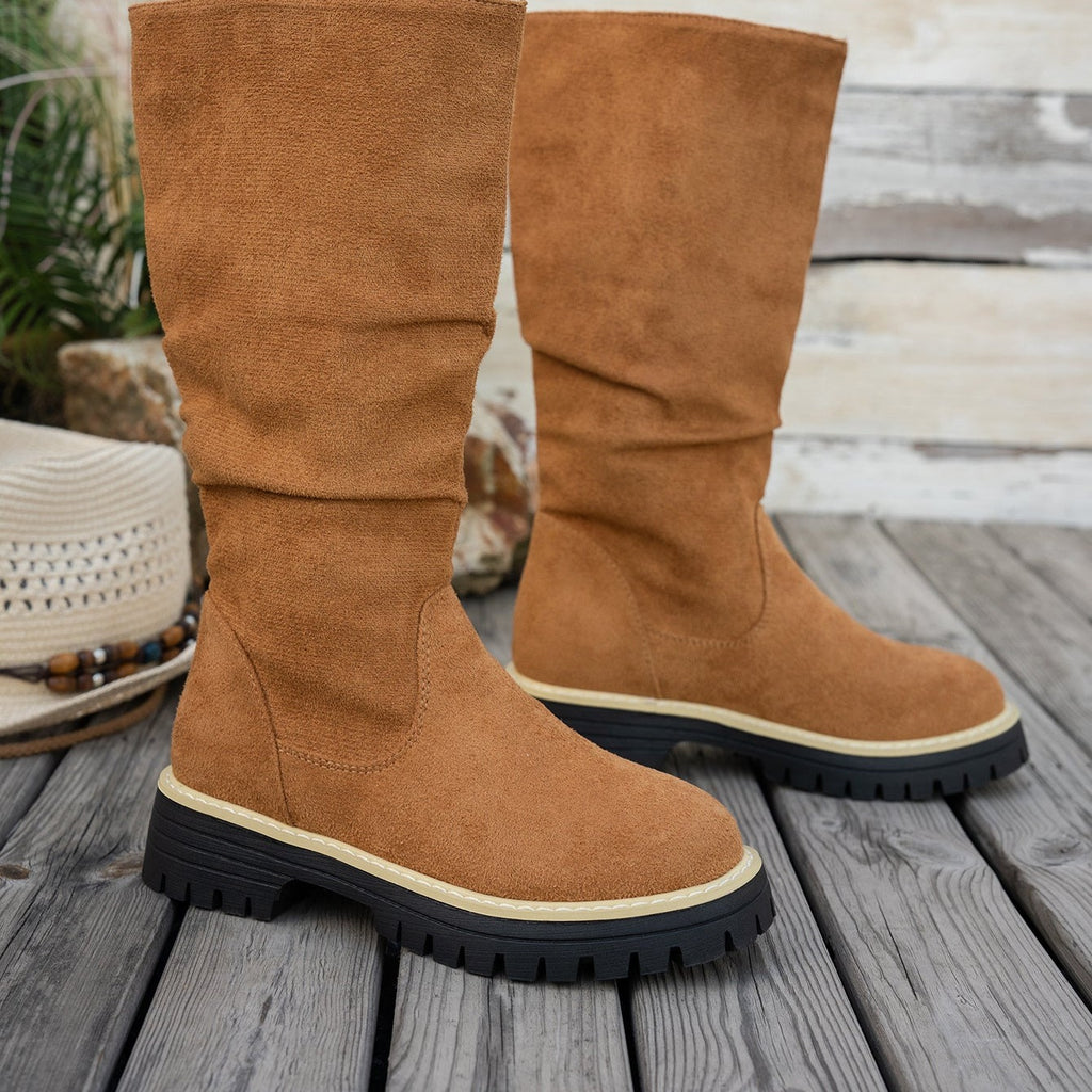 Bottes Plateforme Femme Mi-Mollet Tombantes, Aspect Daim