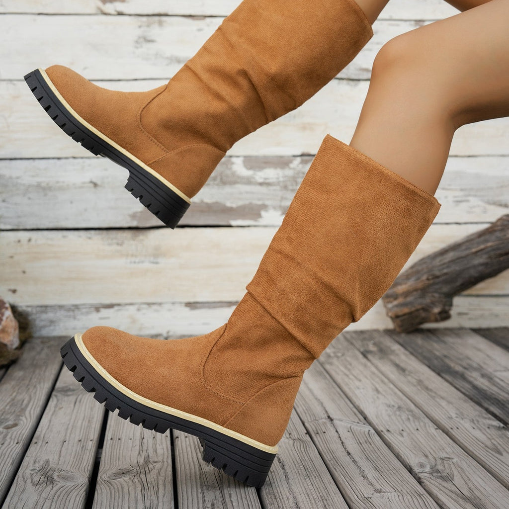 Bottes Plateforme Femme Mi-Mollet Tombantes, Aspect Daim